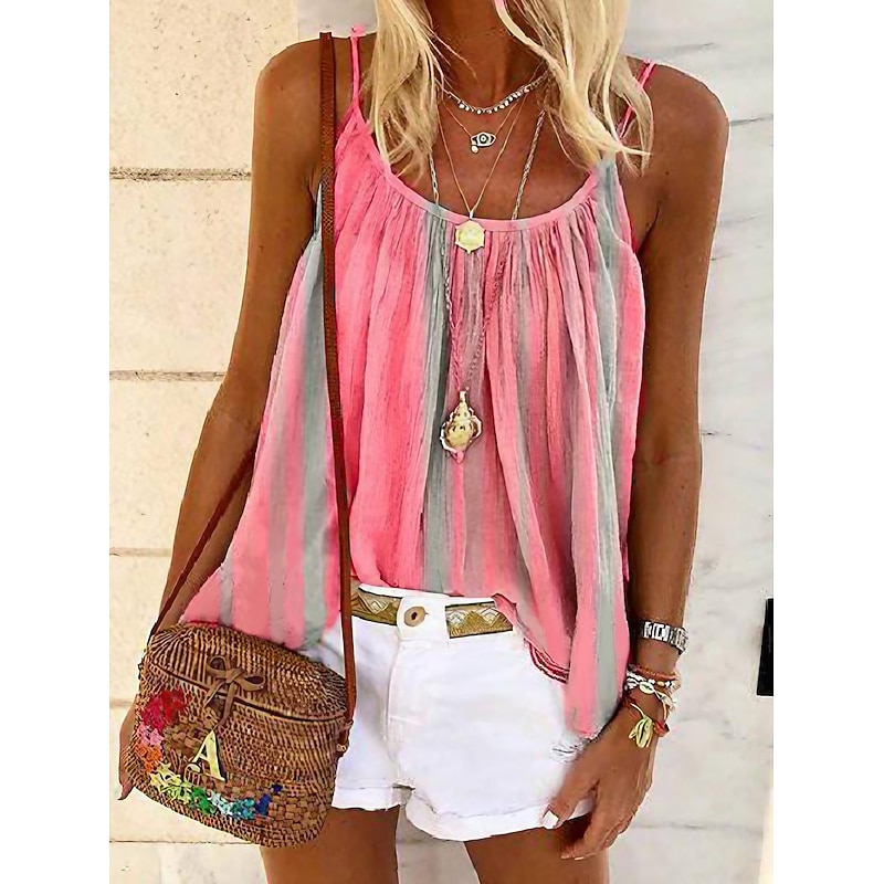 Women's Camisole Tank Top Camisole Summer Tops Yellow Pink Blue Stripes Pleated Holiday Boho Round Neck S