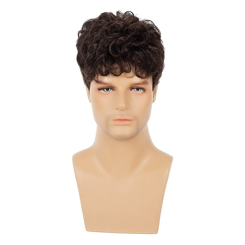 Men's Brown Short Wig Curly Fluffy Natural Synthetic Hair Bangs Cosplay Full Wig for Men4