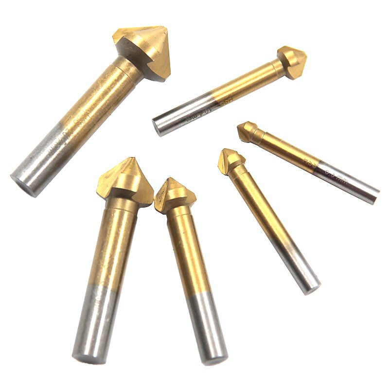 Round Shank 6pcs/Set 3 Flute HSS Hard Metals Three Edge Chamfer Chamfering End Mill Cutter Bit Countersink Drill Bit3