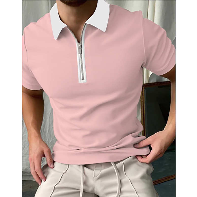 Men's Polo Shirt Golf Shirt Outdoor Street Collar Short Sleeve Fashion Simple Solid Color Zipper Summer Regular Fit Pink Polo Shirt