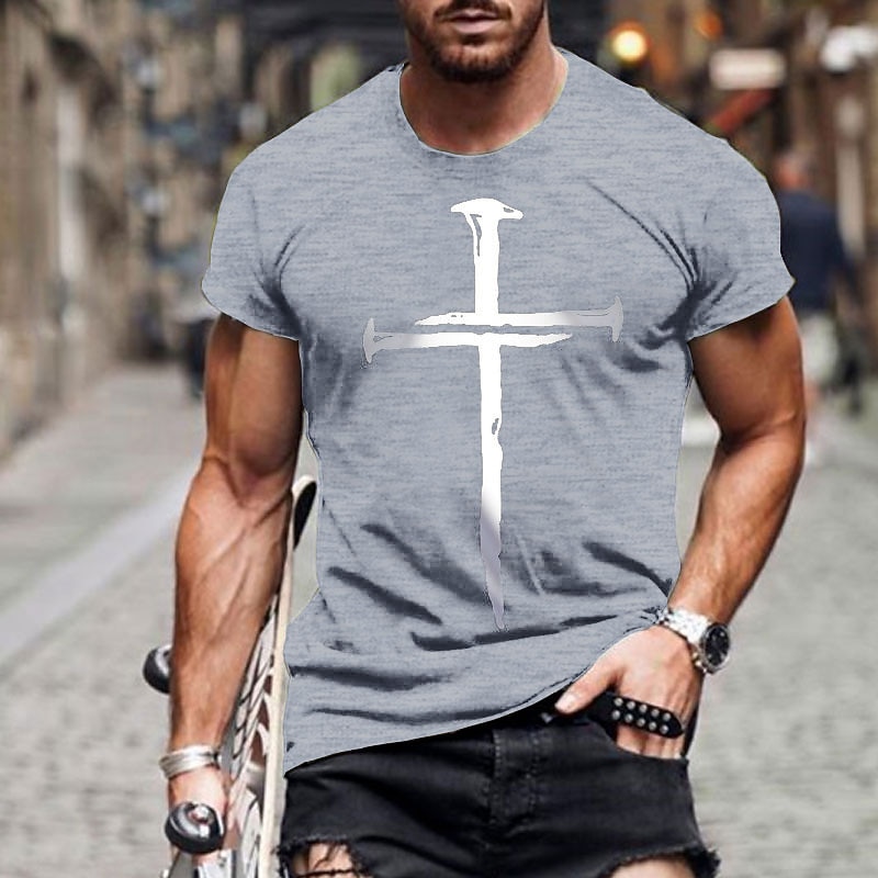 Men's Casual Short Sleeve Graphic T-Shirt with Beige Nail Cross Faith Design4