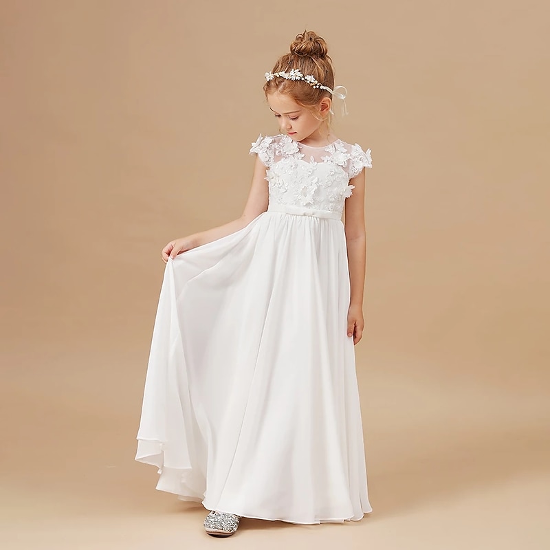 Flower Girl Dress Girls' Princess Dress First Communion Dress Party Dress Performance Wedding Party Princess Sweet Mesh Solid Color Short Sleeve Crew Neck White 2-12 Years3