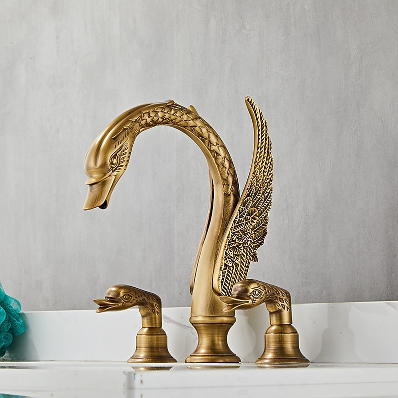 Widespread Bathroom Sink Mixer Faucet, 2 Handle 3 Holes Basin Taps Swan Noble Luxury Golden and Oil-rubbed Bronze Bath Taps3