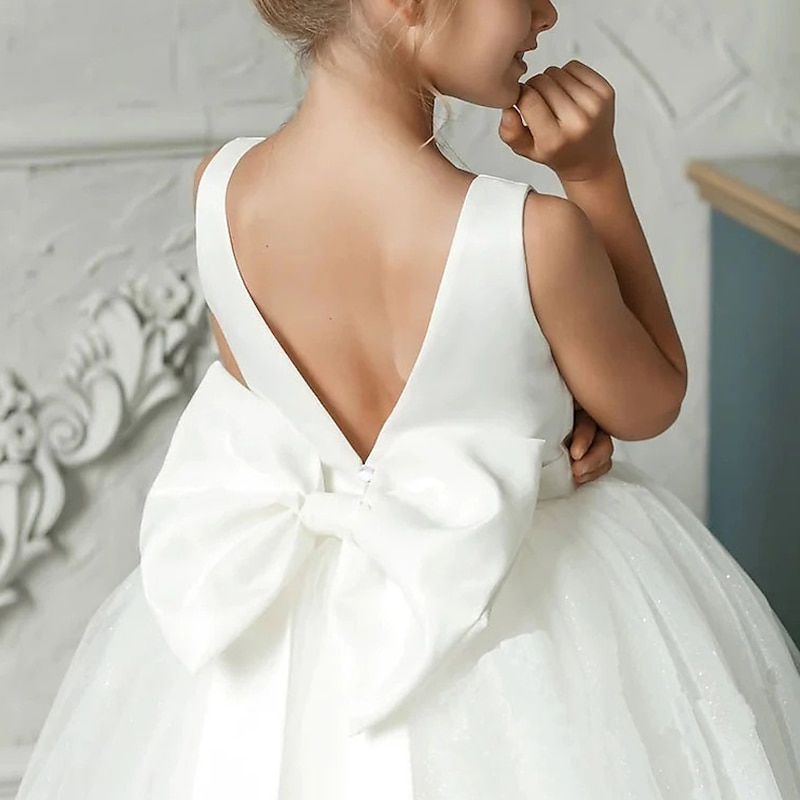 Kids Girls' Dress Solid Colored Sleeveless Performance Wedding Party Mesh Backless Bow Elegant Princess Sweet Cotton Tulle Asymmetrical A Line Dress Summer Spring Fall 3-12 Years White3