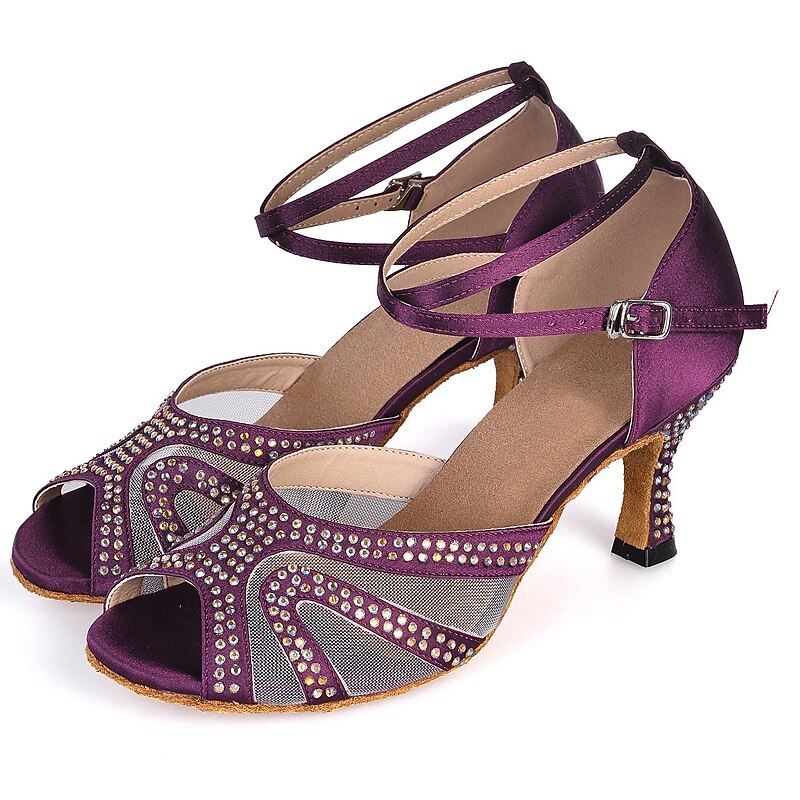 Women's Latin Shoes Salsa Shoes Performance Glitter Crystal Sequined Jeweled Heel Splicing Tulle Flared Heel Ankle Strap Black Red Blue4