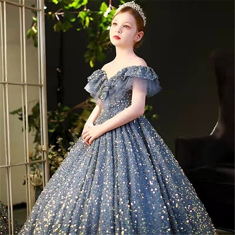 Kids Girls' Dress Sequin Swing Dress Wedding Special Occasion Sequins Ruched Mesh Dusty Blue Maxi Short Sleeve Princess Cute Dresses4
