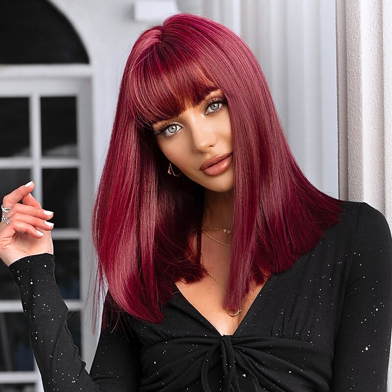 HAIRCUEB Dark Wine Natural Straight Wigs With Bangs for Women Wine Red Cosplay Silky Synthetic Hair Wigs4