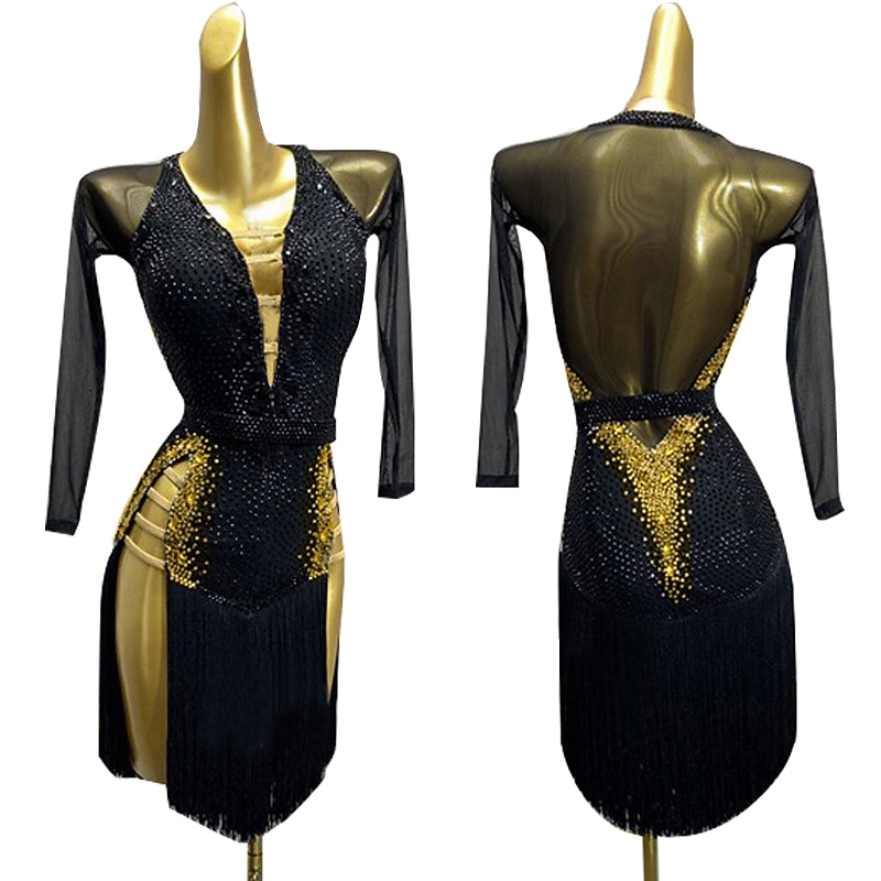 Latin Dance Latin Salsa Dance Dress Rhinestone Sashes / Ribbons Women's Girls' Performance Training Long Sleeve High Mesh Spandex4