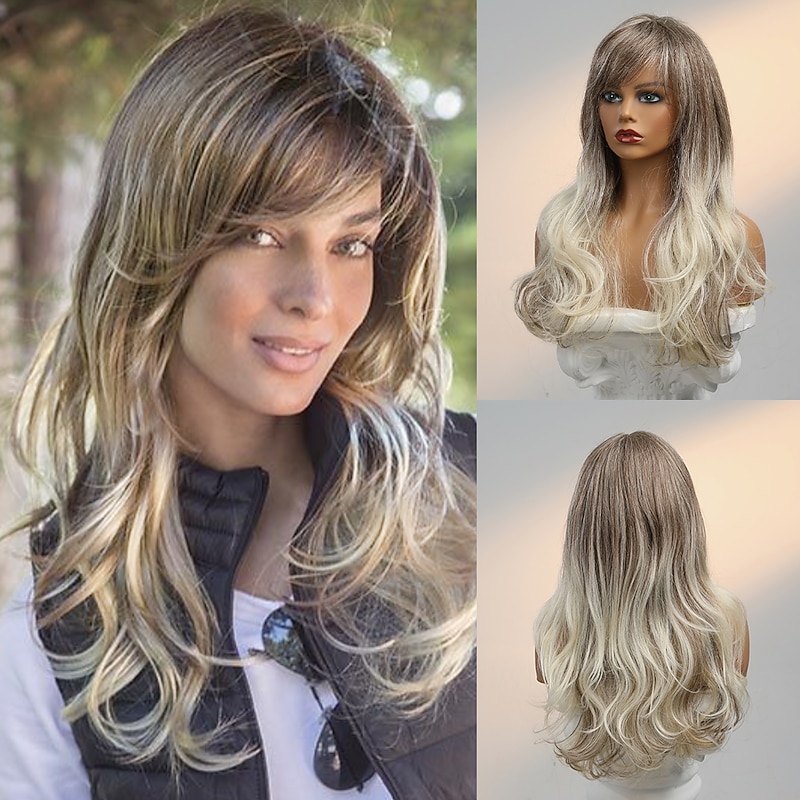 Human Hair Blend Wig Very Long Body Wave Side Part Layered Haircut Asymmetrical With Bangs Blonde Cosplay Curler & straightener Natural Hairline Capless Brazilian Hair Women's All Golden Brown / Ash