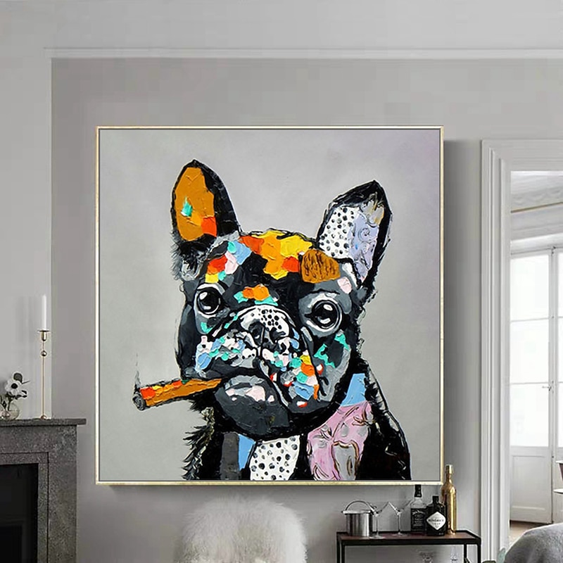 Oil Painting Hand Painted Square Animals Pop Art Modern Stretched Canvas / Rolled Canvas