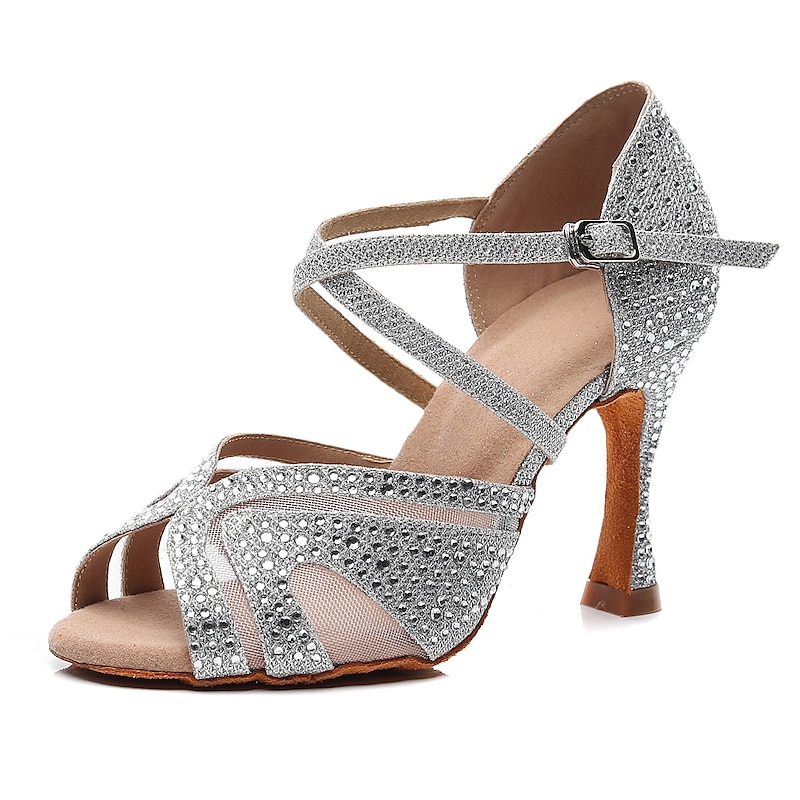 Women's Silver Rhinestone Dance Shoes with Crisscross Straps - Open-Toe Ballroom and Latin Heels