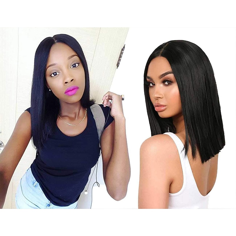 Hair Black Shoulder Length Wig for Women 14 Inch Straight Bob Wigs Synthetic Wig Middle Part Wig Heat Resistant Wigs3