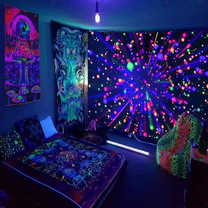 Blacklight Tapestry UV Reactive Glow in the Dark Glow Party Neon Psychedelic Trippy Misty Hanging Tapestry Wall Art Mural for Living Room Bedroom Star Lion2