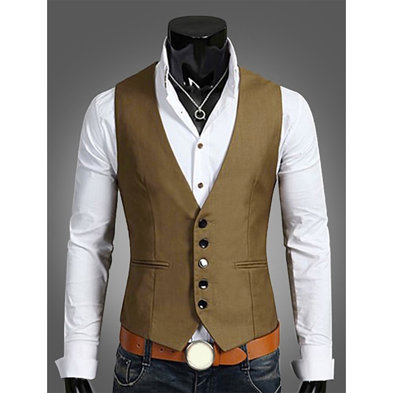 Men's Vest Waistcoat Wedding Work 1920s Smart Casual Polyester Solid Colored Slim Black Navy Blue Brown Vest3