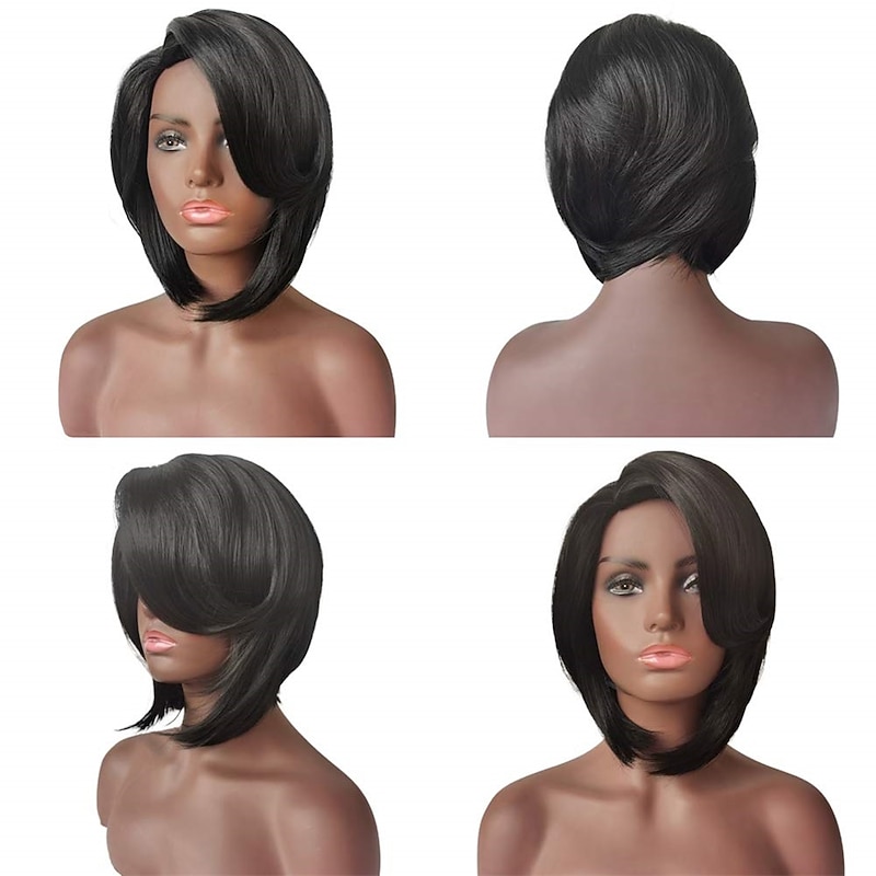 Short Cut Bob Synthetic Wigs for Women Heat Resistant Costume African American Wigs with Side Bangs Natural Black Full Wigs Look Real3