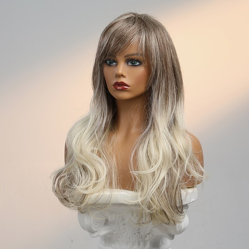 Human Hair Blend Wig Very Long Body Wave Side Part Layered Haircut Asymmetrical With Bangs Blonde Cosplay Curler & straightener Natural Hairline Capless Brazilian Hair Women's All Golden Brown / Ash4
