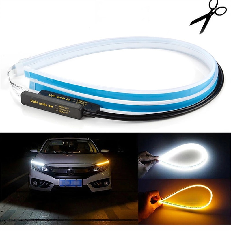 2pcs LED DRL Car Light Daytime Running Strip Light Flexible Waterproof Auto Headlights Brake Flow Tube Light Turn Signal White Yellow Blue 12V 30/45/60cm with Driver