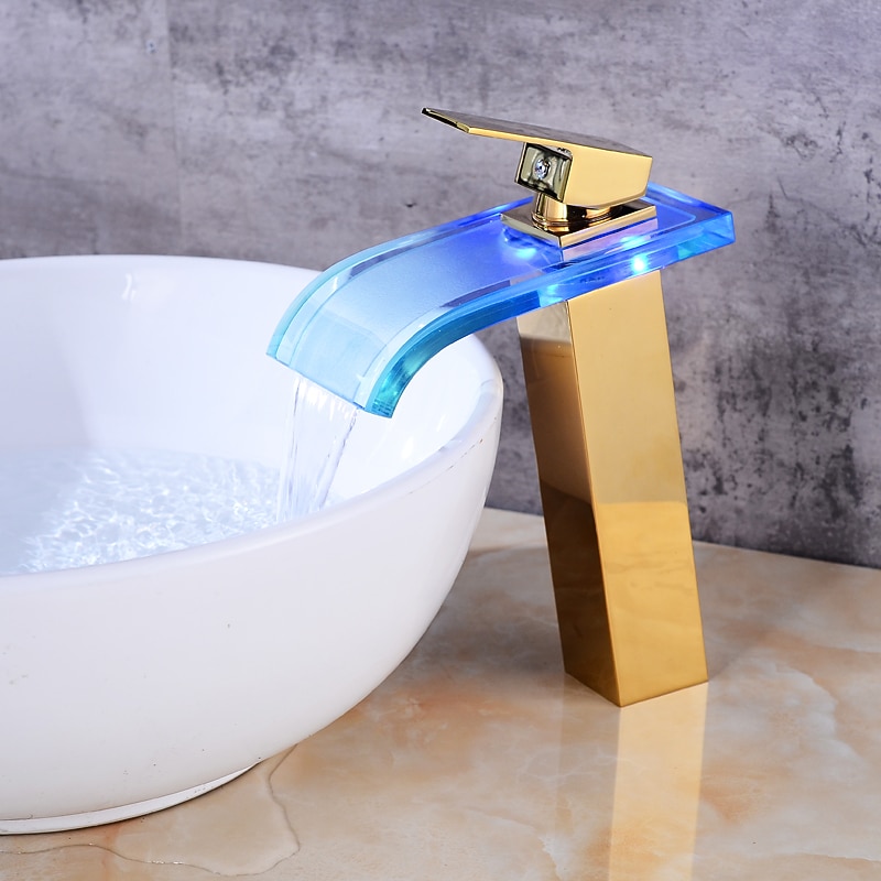 LED Bathroom Sink Mixer Faucet Waterfall Spout 3 Color Temperature, Tall Vessel Taps Single Handle One-hole Monobloc Basin Taps Washroom3