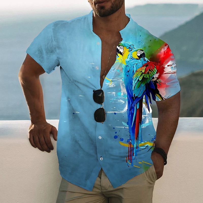Men's Animal Parrot Shirt Summer Hawaiian Shirt Aloha Shirt Short Sleeve Shirt Stand Collar Fashion Designer Casual Outdoor Vacation Casual White Yellow Blue 3D Print S M L
