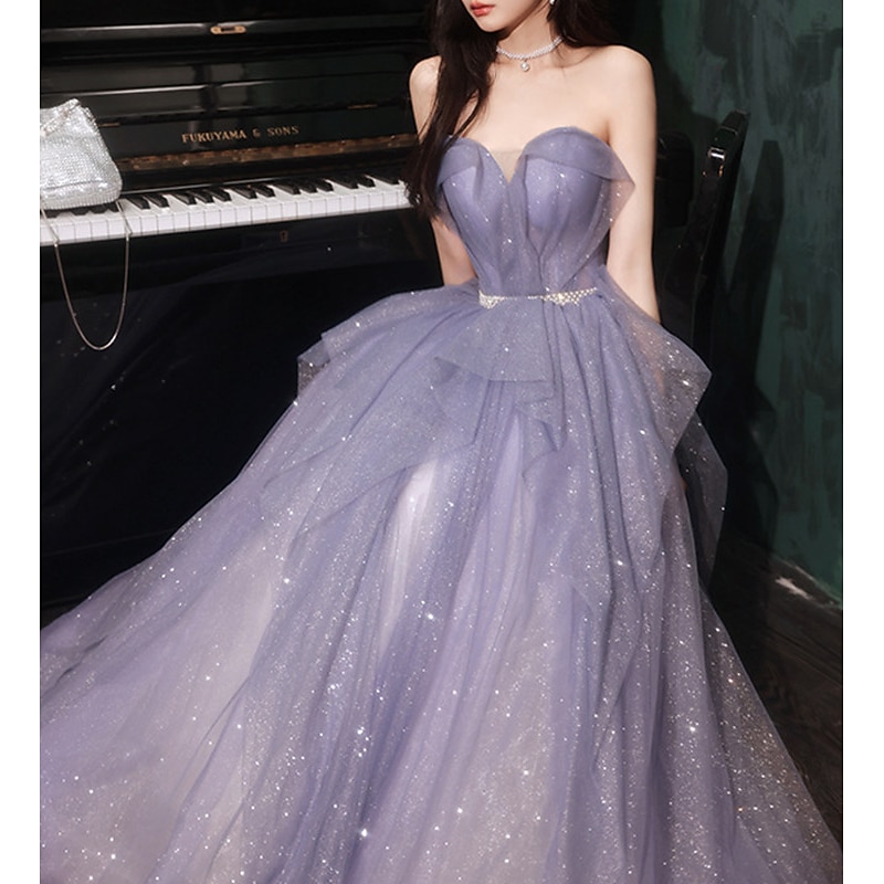 A-Line Prom Dresses Sparkle & Shine Dress Wedding Guest Birthday Floor Length Sleeveless Off Shoulder Tulle with Sequin  dress to impress