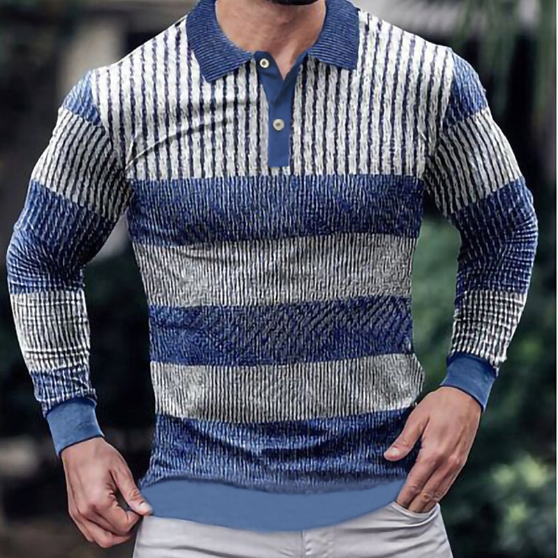 Men's Polo Shirt Golf Shirt Outdoor Street Polo Collar Classic Long Sleeve Fashion Casual Graphic Striped Button Front Button-Down Spring &  Fall Regular Fit Navy Blue Blue Khaki Polo Shirt3
