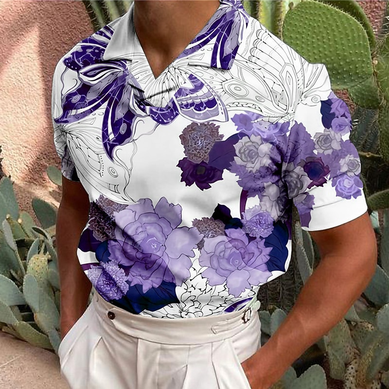Men's Floral Polo Shirts Hawaiian Polo Shirts Golf Shirt Short Sleeve Shirt Turndown Casual Daily 3D Print Blue Purple Brown Green Print Button-Down Clothing Apparel Fashion Designer Casual Breathable3