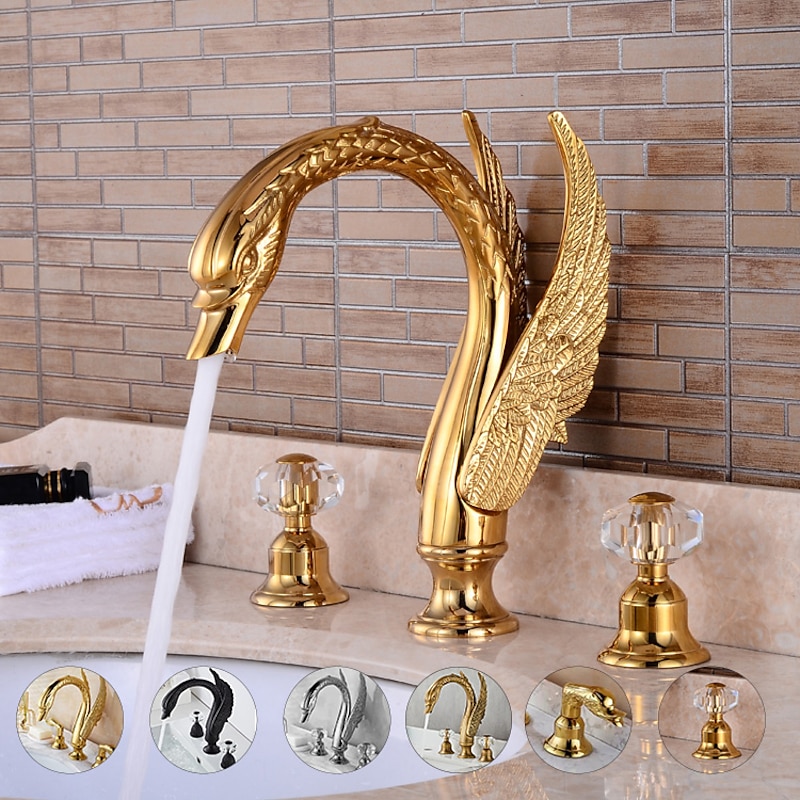Widespread Bathroom Sink Mixer Faucet, 2 Handle 3 Holes Basin Taps Swan Noble Luxury Golden and Oil-rubbed Bronze Bath Taps