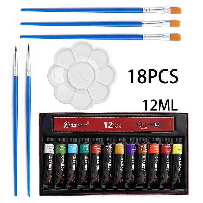 cross-border acrylic paint 18-piece set 12 ml 12-color spikes flat peak brush palette diy painting tools2