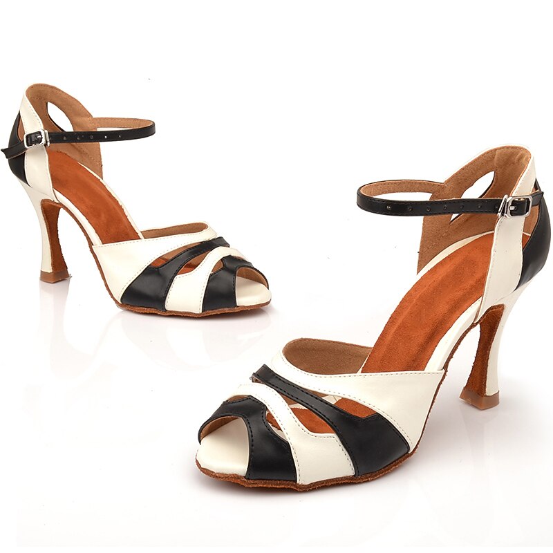 Women's Black and White Latin Dance Shoes – Open Toe High Heel Salsa Sandals with Ankle Strap and Soft Suede Sole for Ballroom, Performance & Practice2