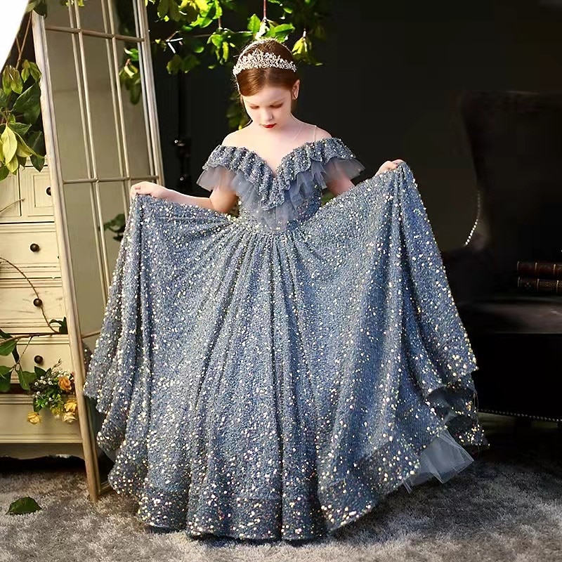 Kids Girls' Dress Sequin Swing Dress Wedding Special Occasion Sequins Ruched Mesh Dusty Blue Maxi Short Sleeve Princess Cute Dresses