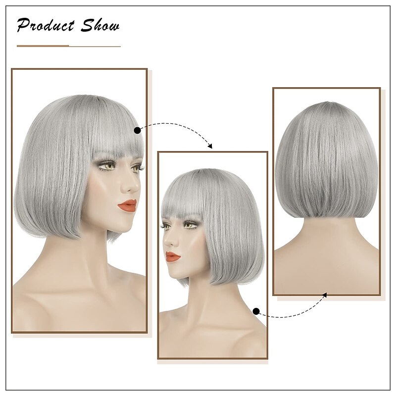Short Straight Bob Wigs 11 inch Synthetic with Bangs Daily Party Cosplay Hair Wig for Black Women silver gray3