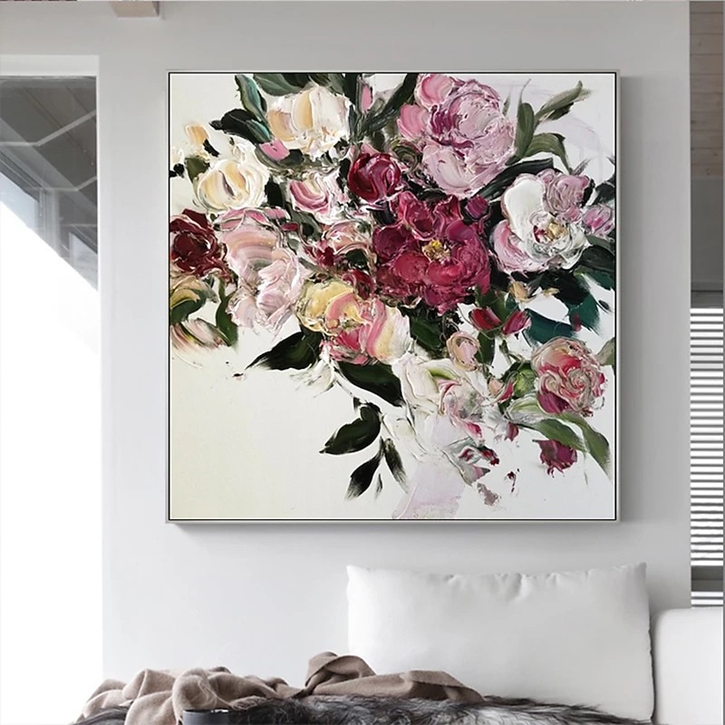Oil Painting Hand Painted Square Still Life Floral / Botanical Modern Stretched Canvas4