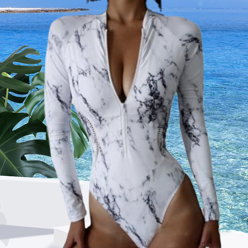 Women's Rash Guard One Piece Swimsuit UV Sun Protection UPF50+ Breathable Long Sleeve Swimwear Bathing Suit Front Zip Swimming Surfing Beach Water Sports Printed Spring Summer / Quick Dry / Quick Dry2