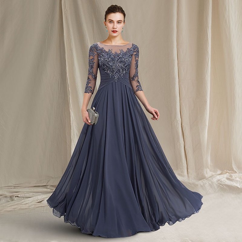 A-Line Mother of the Bride Dress Elegant Jewel Neck Floor Length Chiffon Lace 3/4 Length Sleeve with Pleats Appliques