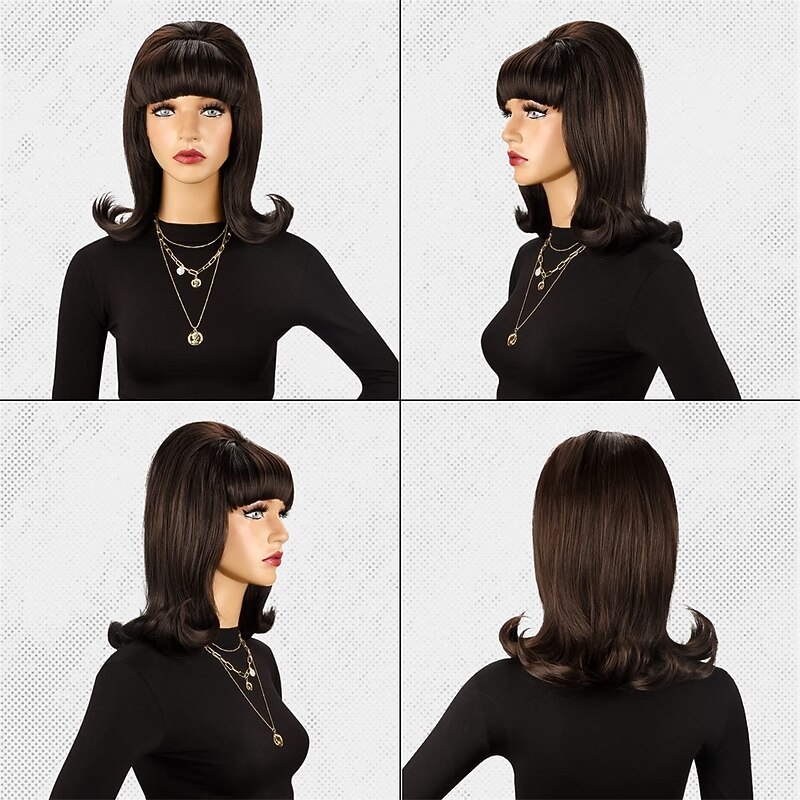 Vintage Brown Wig 50s 60s 70s with Bangs Synthetic Hair for Women  Party Halloween Wigs4