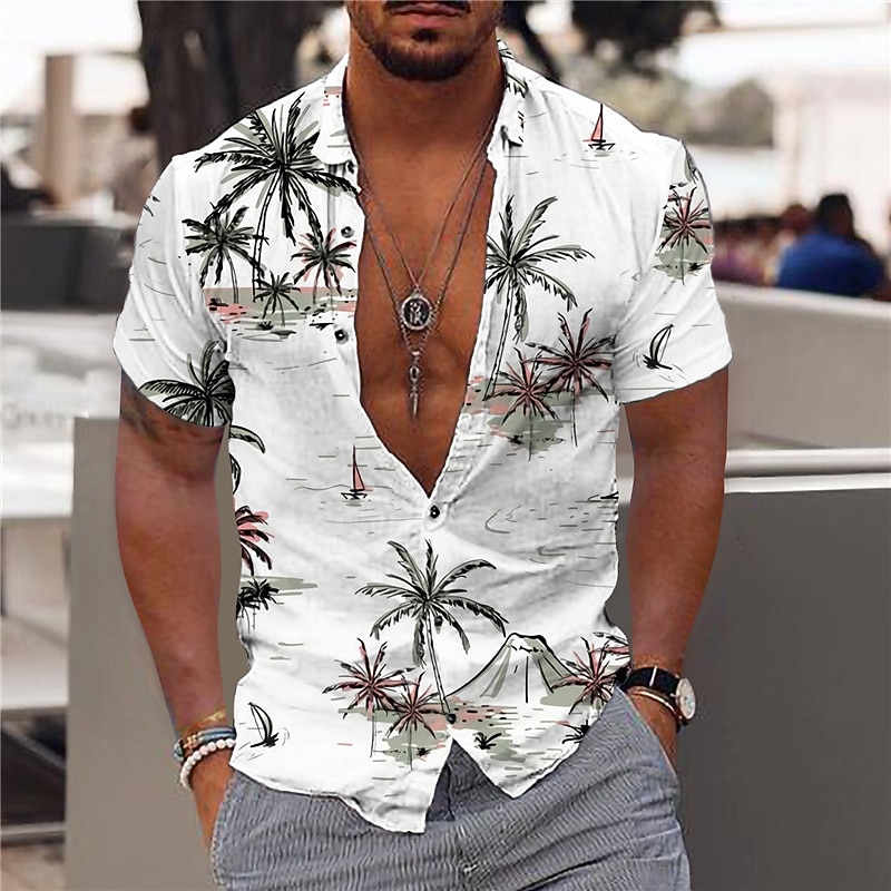 Men's Coconut Tree Aloha Shirt Summer Hawaiian Shirt Graphic Shirt Aloha Shirt Short Sleeve Shirt Turndown Outdoor Street Print Light Pink White Yellow Navy Blue Sky Blue Print Button-Down Clothing