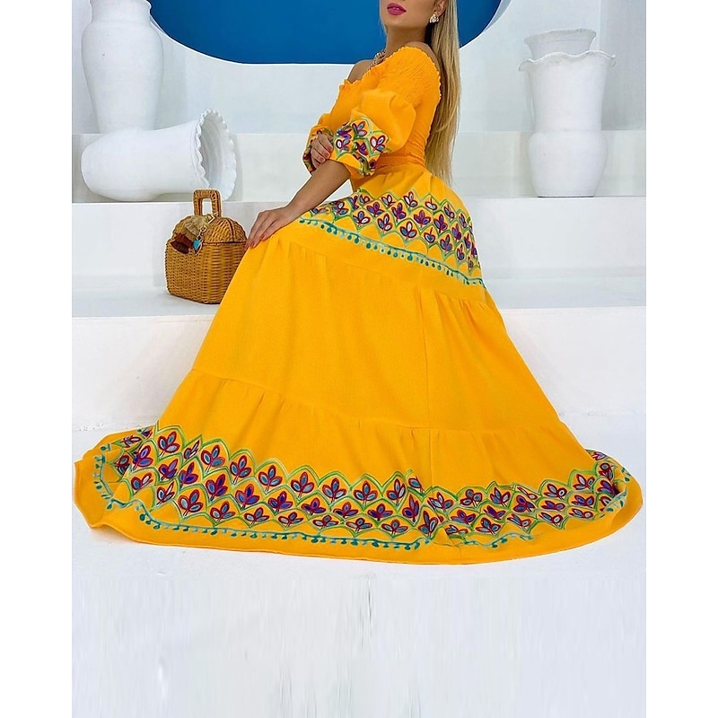 Women's Casual Dress Long Dress Maxi Dress Yellow Half Sleeve Floral Patchwork Fall Spring Autumn Off Shoulder Modern Weekend Slim 2023 S M L XL XXL4