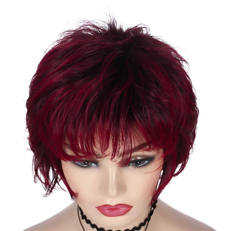 Wine Red Wig Short Layered Pixie Cut Hair Wigs for Women Synthetic Cosplay Wig with Bangs Female Wig Halloween Custome Party3
