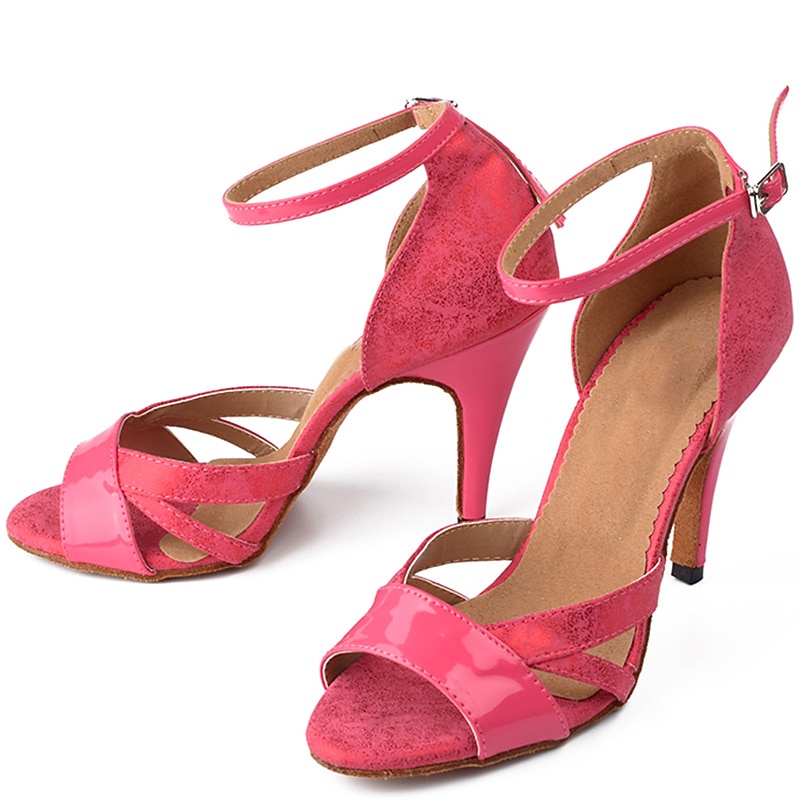 Women's Latin Shoes Dance Shoes Indoor Performance ChaCha Sparkling Shoes Practice Splicing High Heel Peep Toe Ankle Strap Adults' Rosy Pink Silver / Satin4