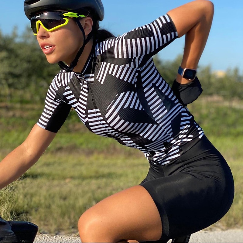 Women's Cycling Jersey Stripes Short Sleeve Bike Jersey Top with 3 Rear Pockets Mountain Bike MTB Road Bike Cycling Quick Dry Reflective Strips Back Pocket Moisture Wicking Sports Black Yellow Red4