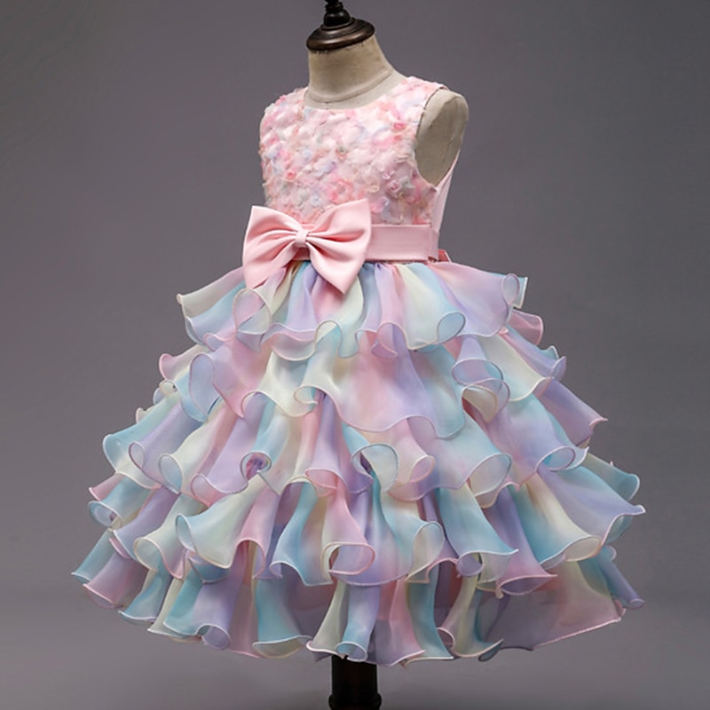 Kids Little Girls' Dress Flower Tulle Dress Party Mesh Bow Pink Light Blue Midi Sleeveless Elegant Princess Dresses Spring Summer Slim 3-10 Years2