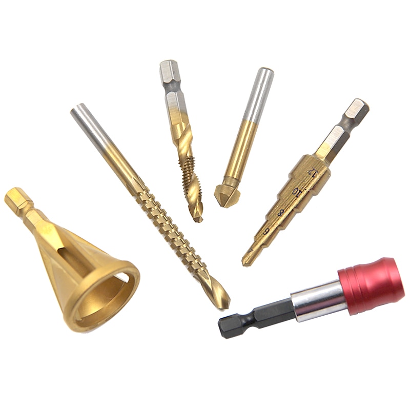 Drilling Chamfering Tapping 6pc Transparent Plastic Box Sawtooth Woodworking Hole Opening Pagoda Drill Quick Release Rod Set