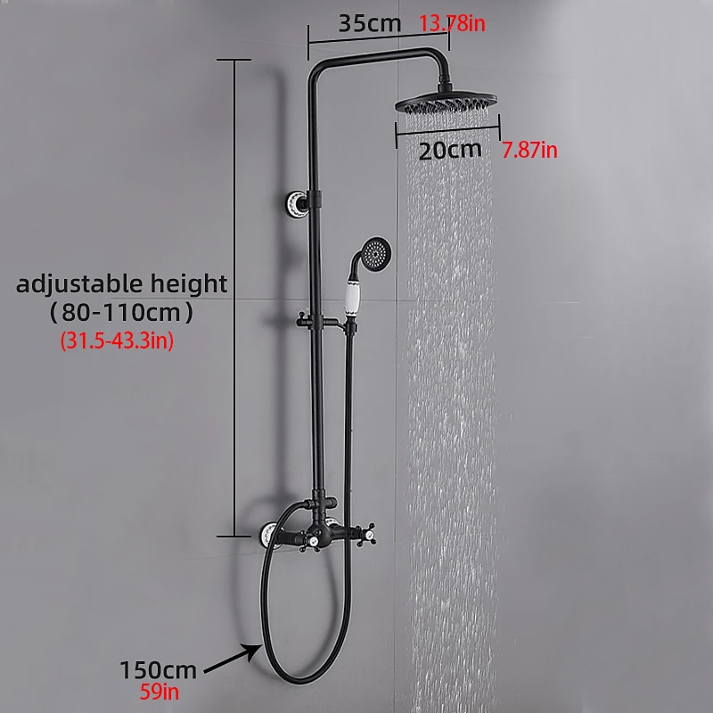 Two Handles Shower Systerm Set, Black Brass Faucet Three Holes Adjustable Electroplated Rainfall High Pressure Shower Mixer Taps with Rain Shower and Hand Shower2