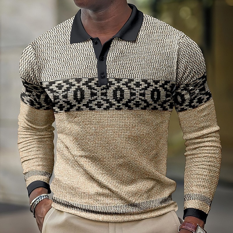 Men's Polo Shirt Golf Shirt Outdoor Street Polo Collar Classic Long Sleeve Fashion Casual Graphic Striped Button Front Button-Down Spring &  Fall Regular Fit Navy Blue Blue Khaki Polo Shirt2