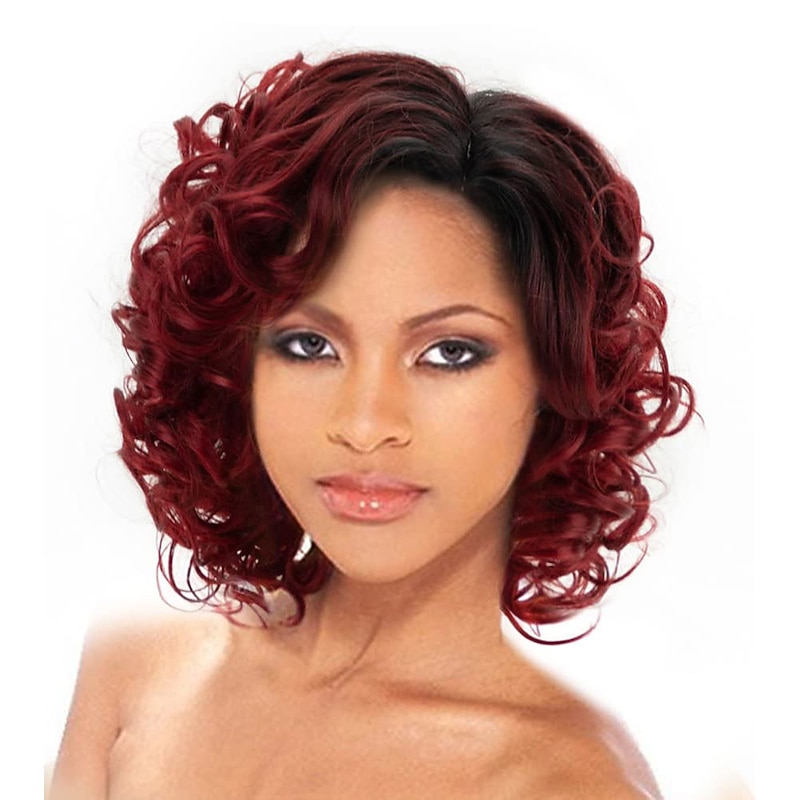 Short Burgundy Curly Wigs for Black Women Ombre Wine Red Full Curly Wigs Natural Looking Synthetic Burgundy Short Hair Wigs