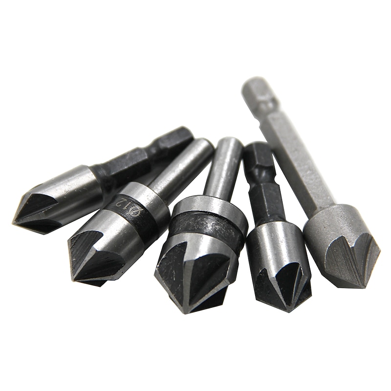5pc 1/4'' Shank 5 Flute Chamfer Chamfering Mixed Set Cutter Countersink Drill Bit Tool Woodworking Professional Tools Carpentry4