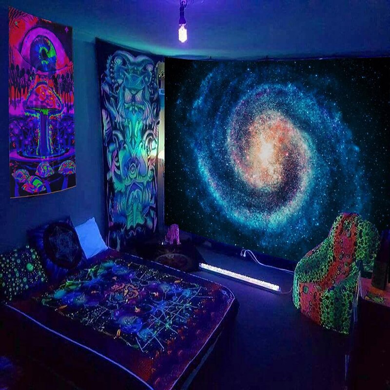 Blacklight Tapestry UV Reactive Glow in the Dark Glow Party Neon Psychedelic Trippy Misty Hanging Tapestry Wall Art Mural for Living Room Bedroom Star Lion3