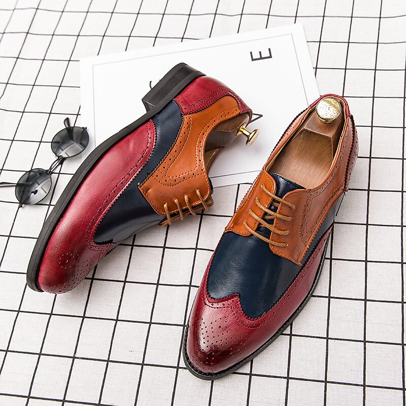 Men's Oxfords Derby Shoes Formal Shoes Brogue Wingtip Shoes Walking Business British Christmas Party & Evening Xmas PU Lace-up Red Blue Brown Color Block Summer Spring4