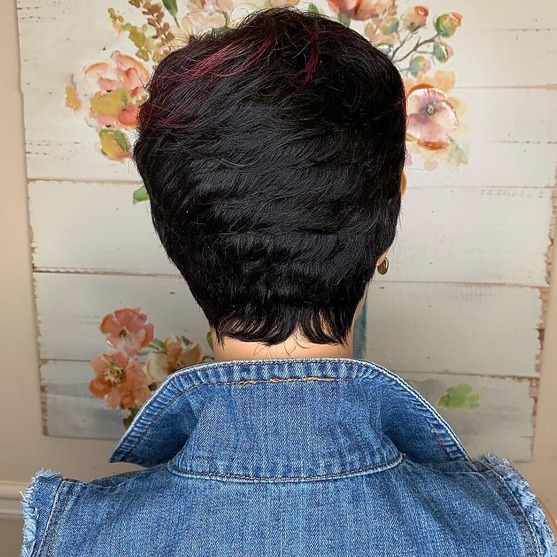 Red Burgundy 99J Ombre Color Short Wavy Bob Pixie Cut Wigs Full Machine Made Non Lace Human Hair Wigs With Bangs For Black Women 1b99j3