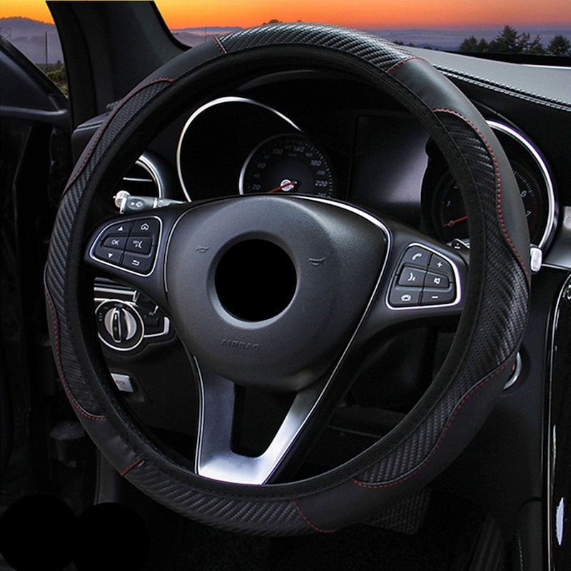 38cm Car Steering Wheel Cover Breathable Non-slip PU leather Carbon Fiber Steering Wheel Cover2